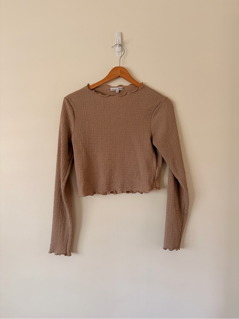 Reformation Ribbed Lettuce-Edge Cropped Long-Sleeve — Taupe